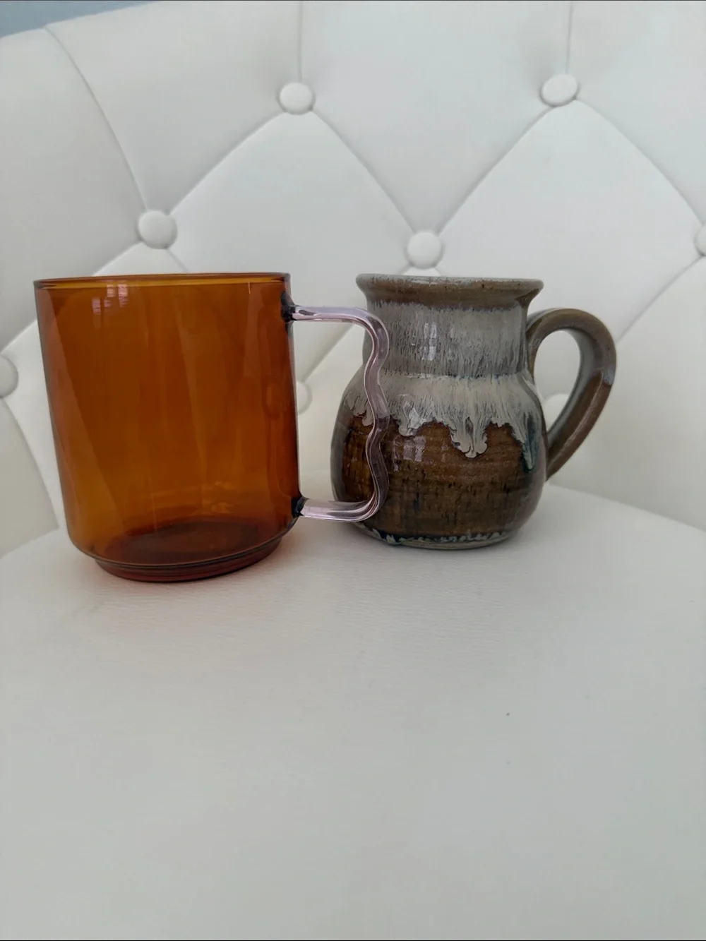 Amber Glass Mug with pink Curved Handle Bundle of 3 Boho Decor cups